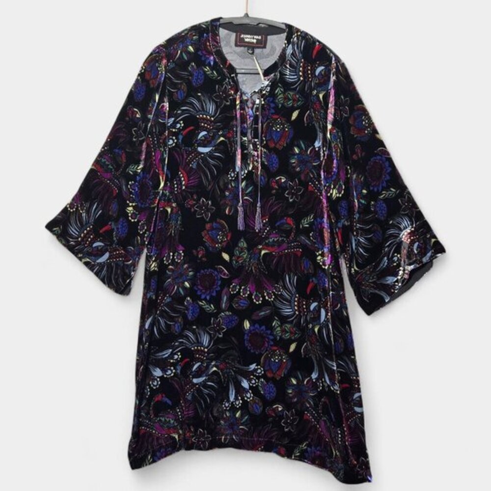 Johnny Was Tie Front Kimono Dress Black Avya S Velvet Floral Boho Resortwear NWT